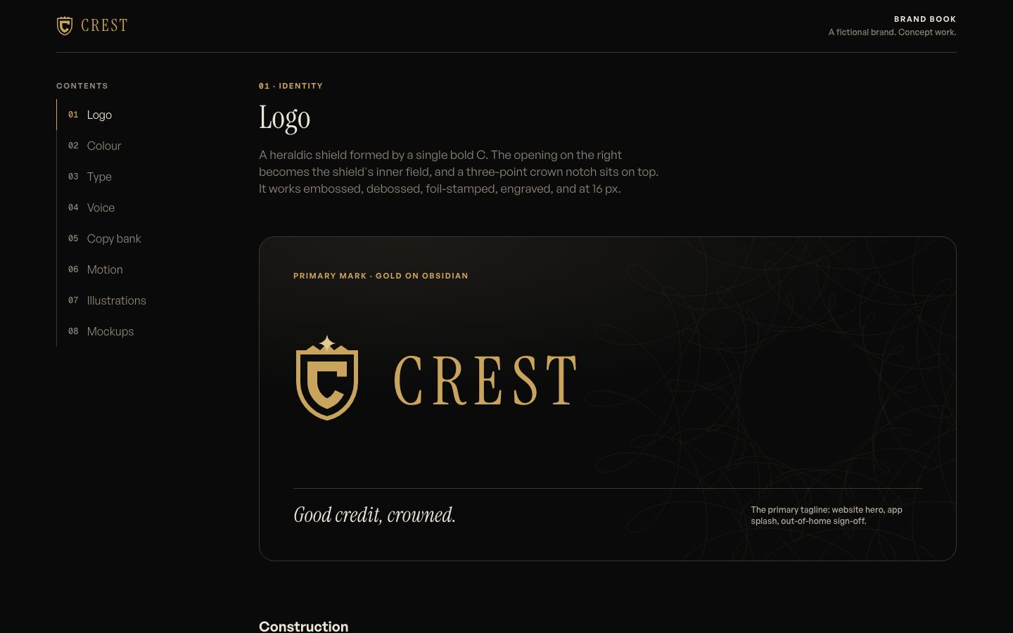Crest brand book opening on the gold shield and wordmark