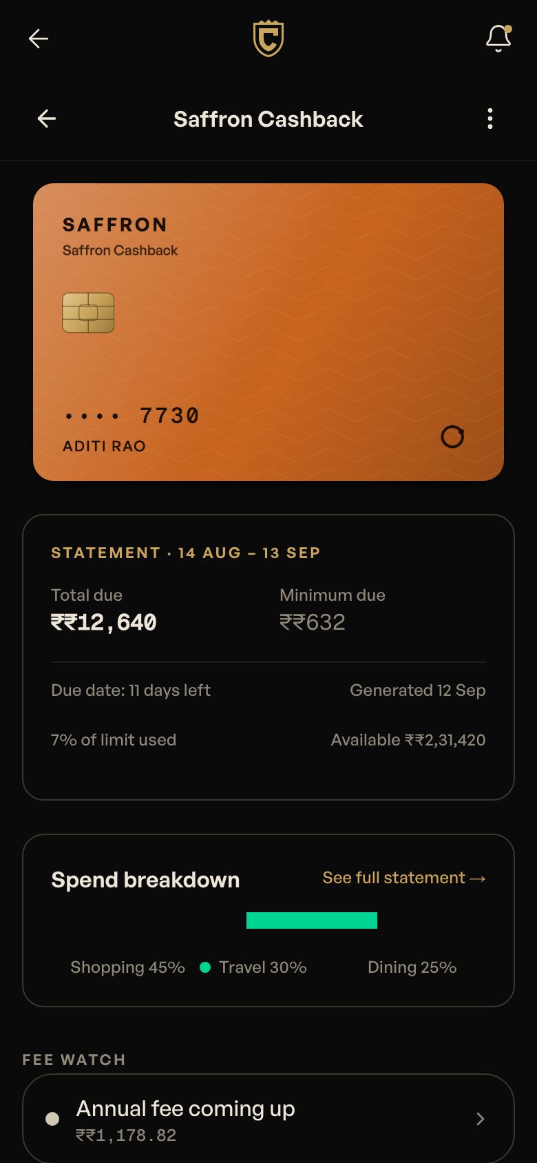 Saffron Cashback card detail with statement, spend breakdown and Fee Watch