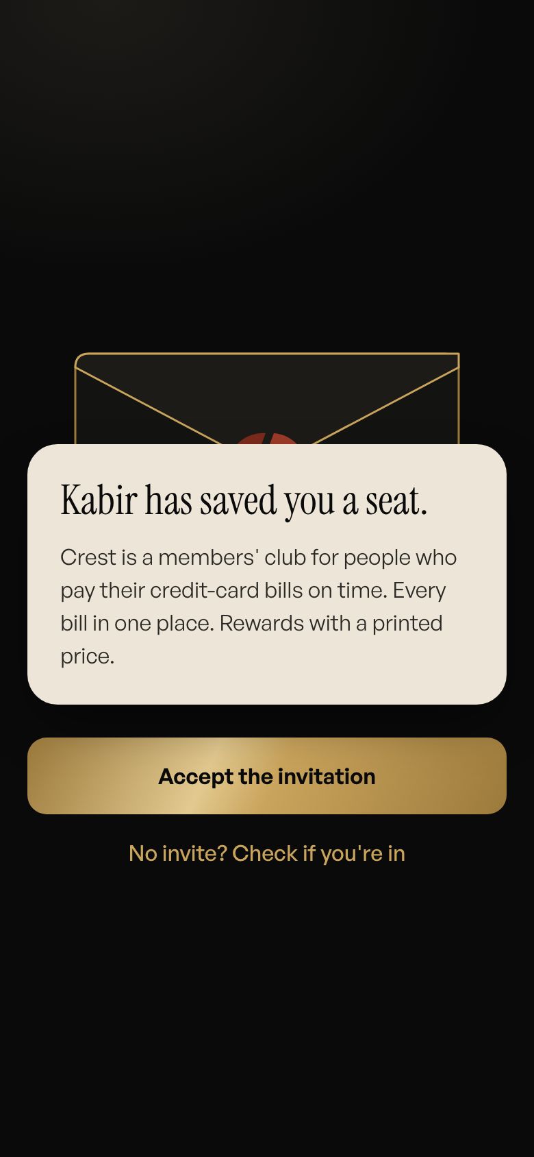 Invitation screen: Kabir has saved you a seat, with an Accept the invitation button
