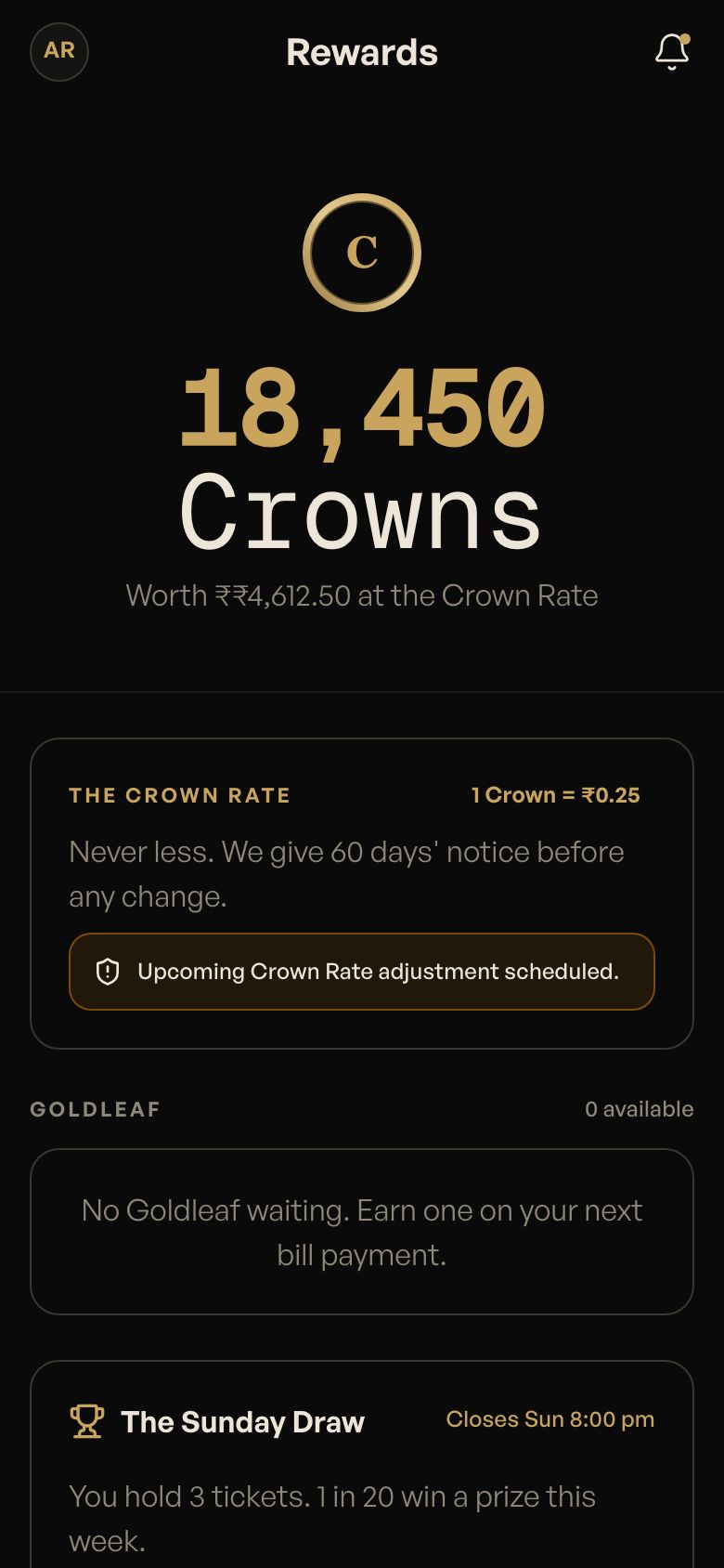 Rewards screen showing 18,450 Crowns worth ₹4,612.50