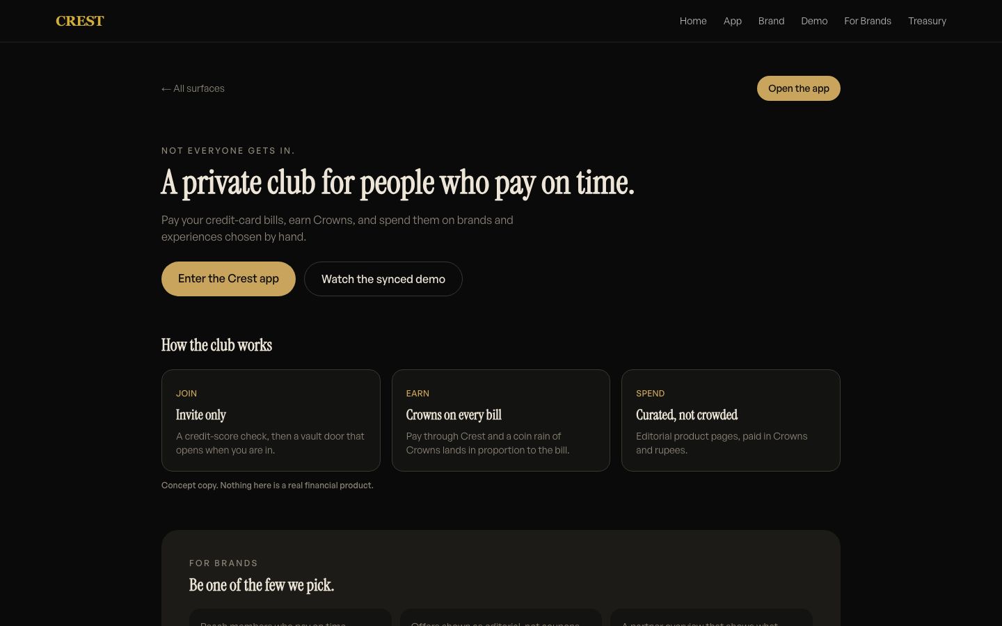 Crest website: a private club for people who pay on time